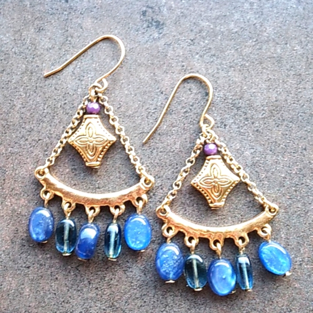 Blue and Gold Beaded Dangle Earrings